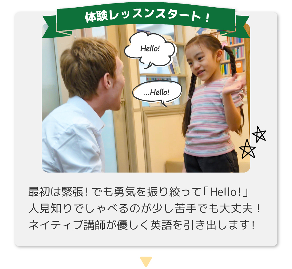 最初は緊張!でも勇気を振り絞って「Hello!」人見知りでしゃべるのが少し苦手でも大丈夫！ネイティブ講師が優しく英語を引き出します！
