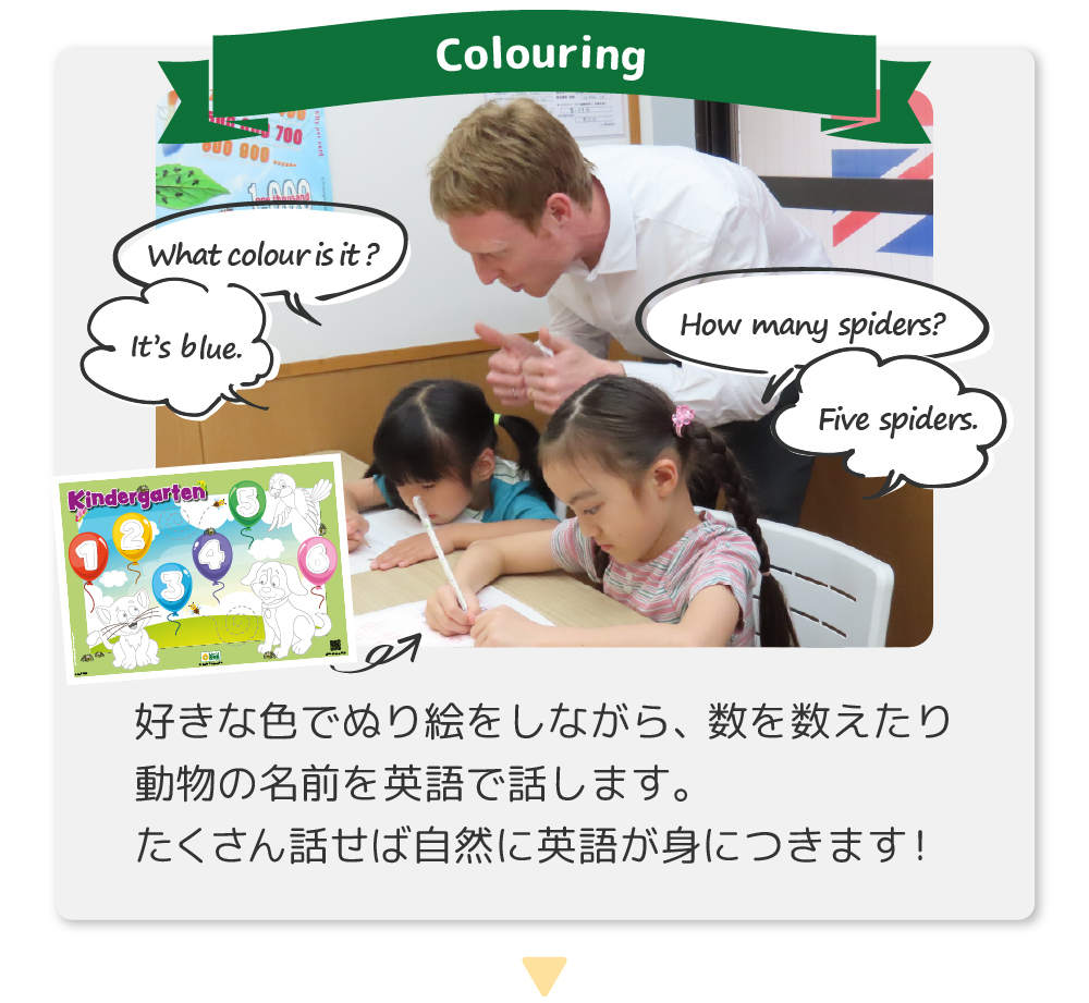 好きな色でぬり絵をしながら、数を数えたり動物の名前を英語で話します。
